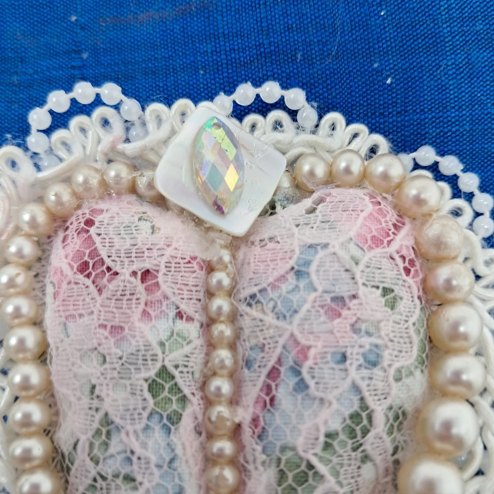 OOAK Handmade Textile Heart Flat Art Lace Pearls Silk